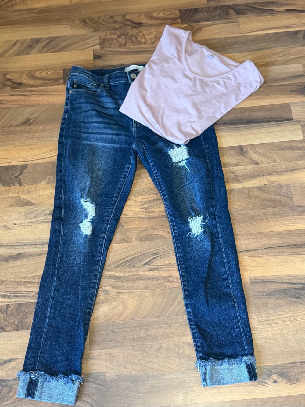 KanCan High Rise Distressed Jeans with Pink Top